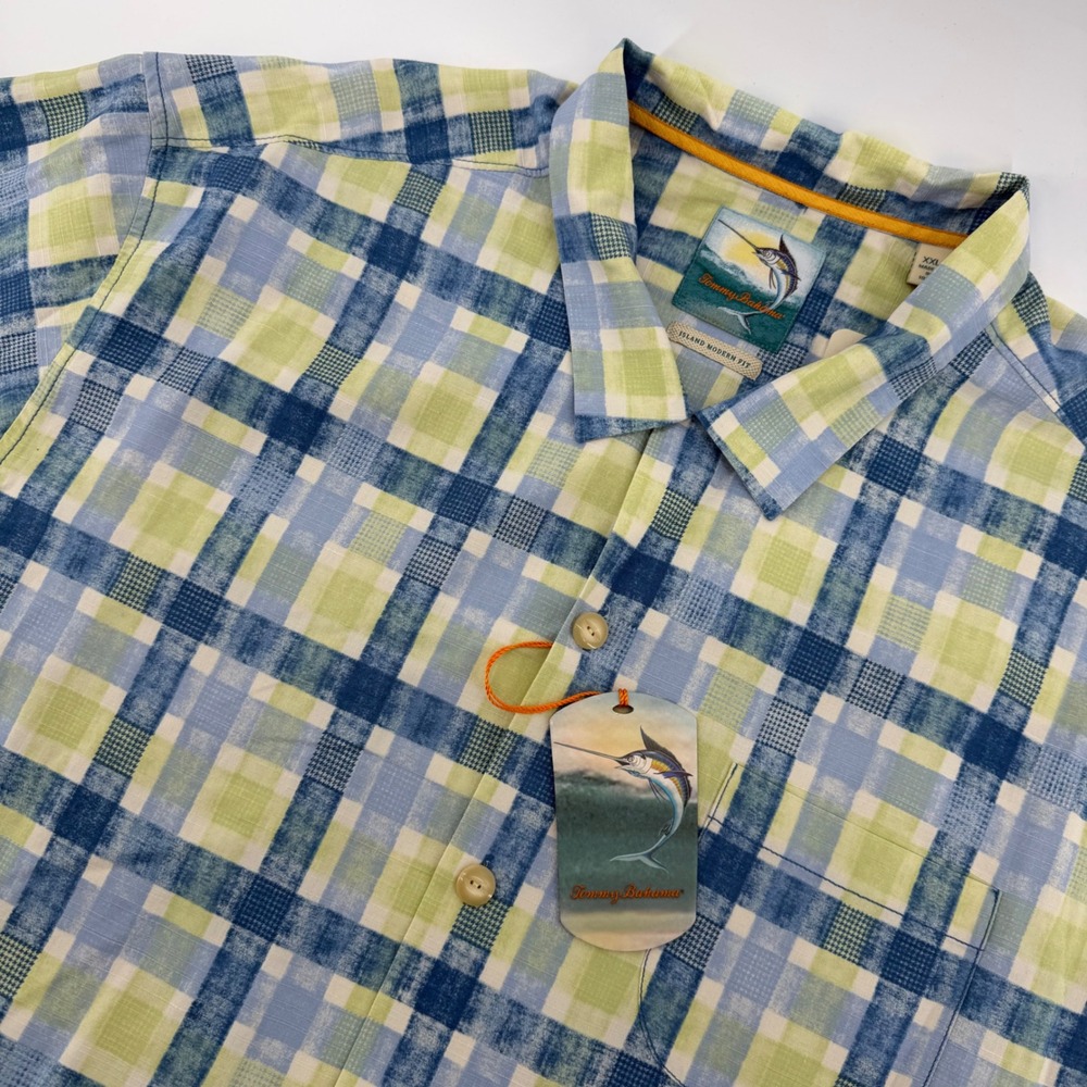 Tommy Bahama Button Down Shirt Mens XXL Blue Green Plaid Silk Blend Short Sleeve